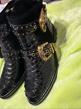 Kurt Geiger Black Studded Leather Ankle Boots with Gold Buckles